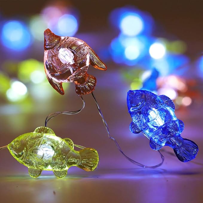 Tropical Fishes Decorative String Lights, 18.7 Ft 40 LED USB Plug-in Silver Copper Wire Beach Theme Fairy Lights for Indoor Outdoor Decoration Projects (Cool White, Remote Control with Timer)