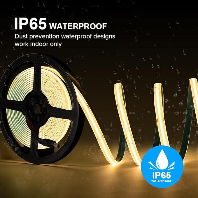 16.4FT COB LED Strip Light IP65 Waterproof DC12V 3000K Warm White Dimmable Strips, 320LEDs/m High Density Flexible Uniform Lights for DIY Home Decor, Cabinet, No Adapter/Controller