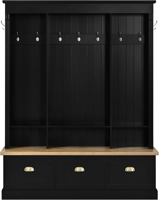 LUMISOL Hall Tree with Storage Bench, Entryway Coat Rack with LED Light and 3 Large Cabinets, Entryway Bench with Shelves and 9 Hooks, for Entrance Mudroom Living Room, Black