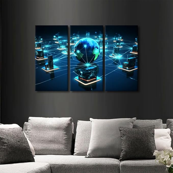 3 Panel Modern Wall Art Centralized Network Architecture Pictures Print on Canvas for Home Wall Decorations, Concepts Artwork Wooden Framed Gallery-Wrapped Ready to Hang, 36" Wx24 H