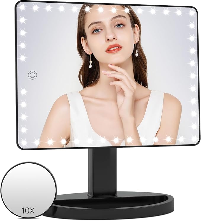 FUNTOUCH Large Lighted Makeup Mirror with Lights, Light Up Mirror with Small 10x Magnification for Desk, 360°Rotation Touch Screen,Brightness Adjustable Tabletop Cosmetic Vanity Make Up Mirror