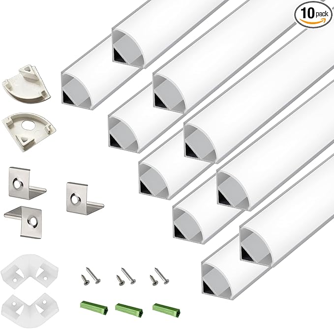 10-Pack 3.3FT 1Meter V Shape LED Strip Aluminum Channel Diffuser System, Extruded Alu Track Milky Cover with Corner Connector and Mounting Kit,Easy Cut and Installed Curved Lens Profile