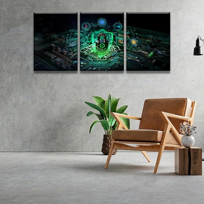 Canvas Wall Art Secure Connection or Cybersecurity Service Concept Picture Posters, Wall Art for Home Hotel Wall Decoration, 3 Panel Framed Wall Art Ready to Hang, 12x16inchx3