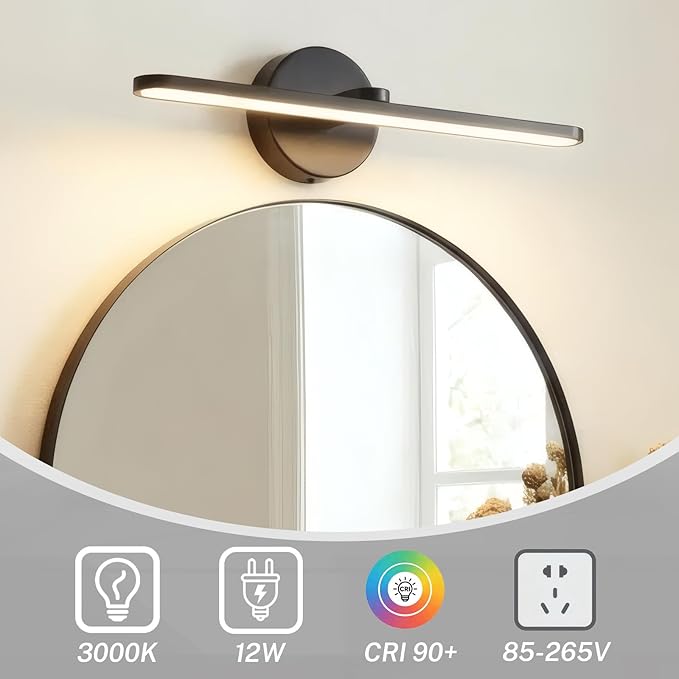 OSYNNIQ Bathroom Vanity Light, Modern Wall Picture Art Lighting Fixture Over Mirror 12W 3000K Warm LED Light Bar 15″ Black Waterproof IP44 Wall Sconce for Makeup Shaving