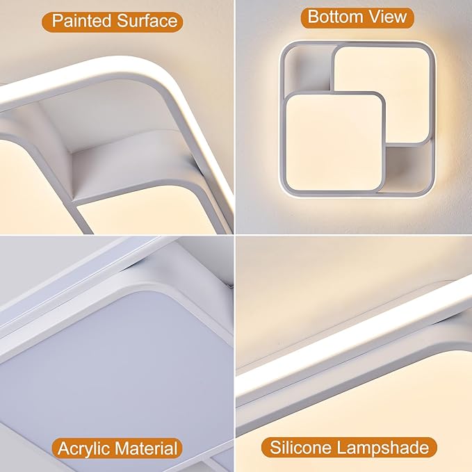 Square LED Ceiling Light with Remote, 60W Dimmable Flush Mount Ceilings Light Fixtures, Modern Light Fixtures Ceiling Lamp LED Chandelier for Bedroom Living Room Kitchen, White/15.7in