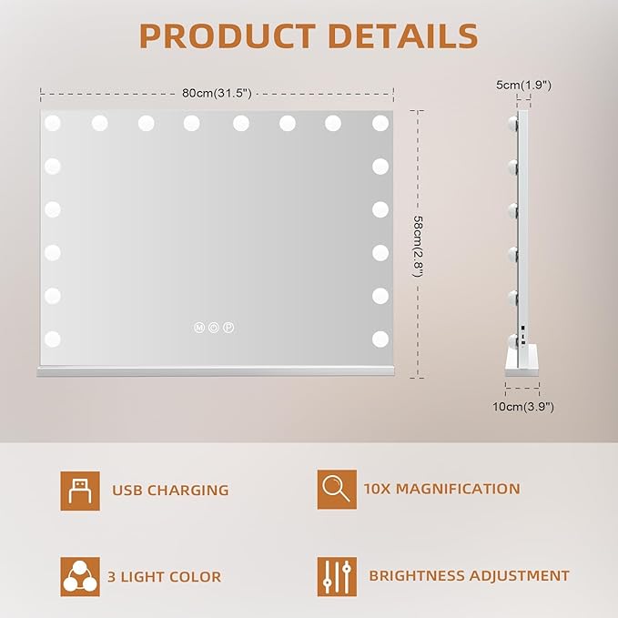 Fenair Large Vanity Makeup Mirror with Lights 32"X23" Lighted Hollywood Mirror with 18 Dimmable Bulbs, 3 Color Light Settings, USB Port, Bedroom Makeup Mirror for Tabletop