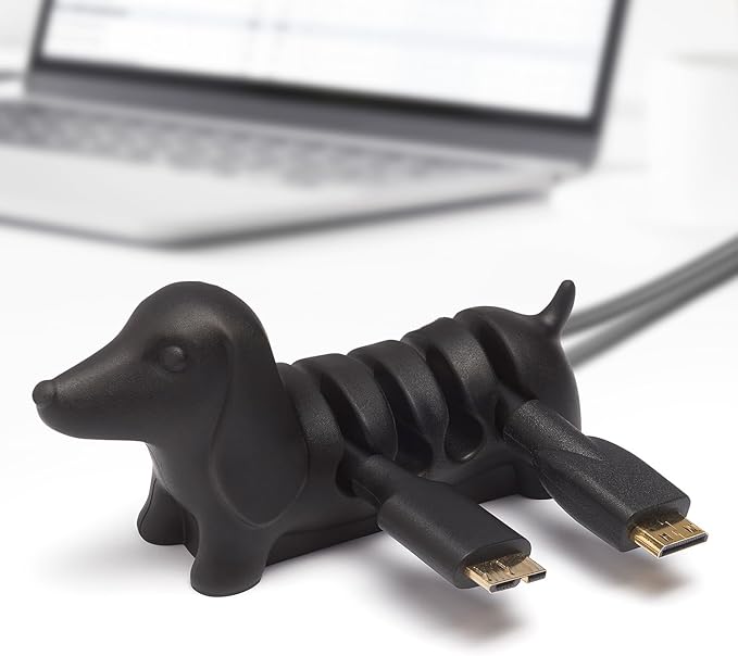 Gifts for Readers & Writers Cord Organizer, Office Desk Organizing & Cable Management Accessory, Kord Keeper Dog, Weighted Wire Holder to Organize Phone & Device Charger Cords, Black