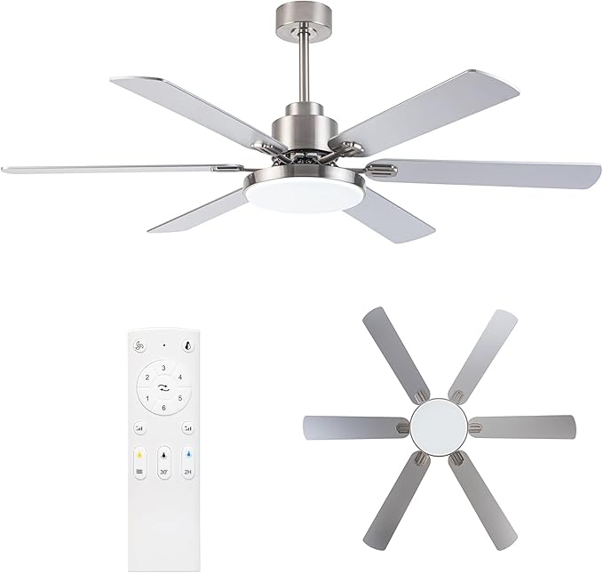 Parrot Uncle Ceiling Fans with Lights and Remote, 60 Inch Modern Fan Ceiling with Light for Bedroom Large Outdoor Ceiling Fans for Patios, Dimmable LED Chandelier, 6 Reversible Blades, Brushed Nickel