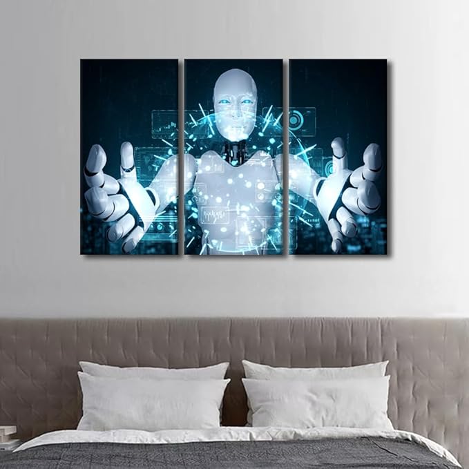 TUMOVO Wall Decorations for Living Room Robot Pictures Paintings Canvas Print 3 Panels Wall Art AI Intelligence Canvas Wall Art Modern Artwork Stretched and Framed Ready to Hang, 42" Wx28 H