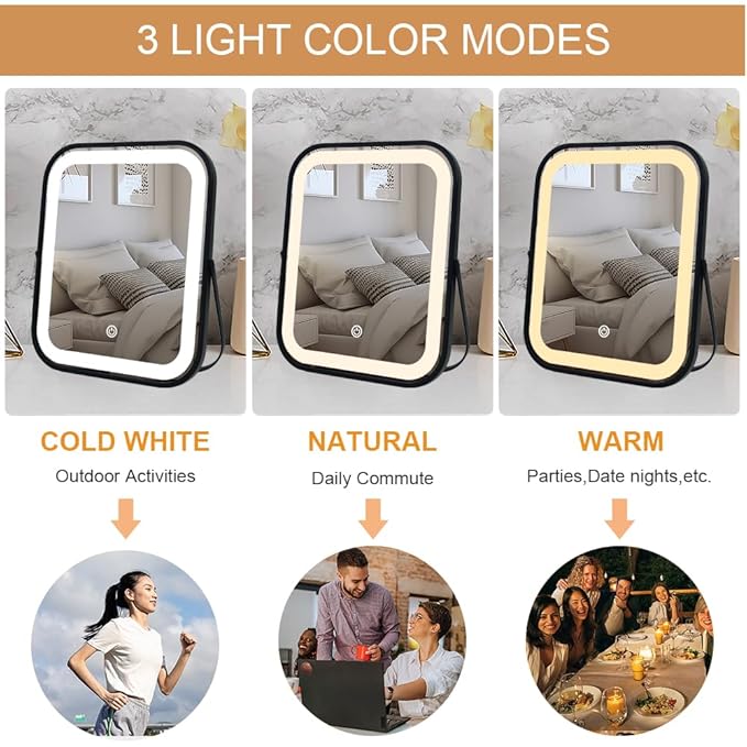 Lighted Vanity Mirror, Rechargeable Travel Makeup Mirror with Lights, 10''x8'' Desk Mirror with Lights,Make up Mirror with Lighting for Makeup Desk ＆ Dressing Room