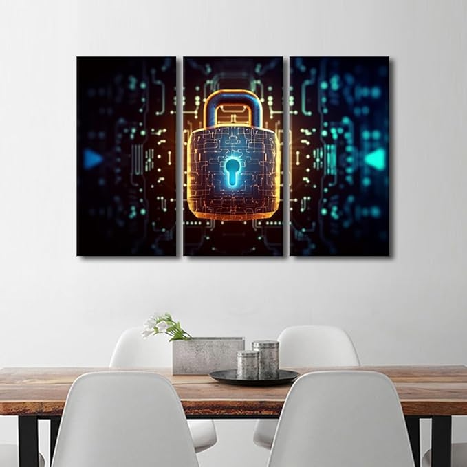TUMOVO 3 Panel Wall Art Padlock with a Glowing Light at the Top Pictures Print on Canvas for Living Room Bedroom Wall Decoration, Concept Artwork Wooden Framed Ready to Hang, 60" Wx40 H