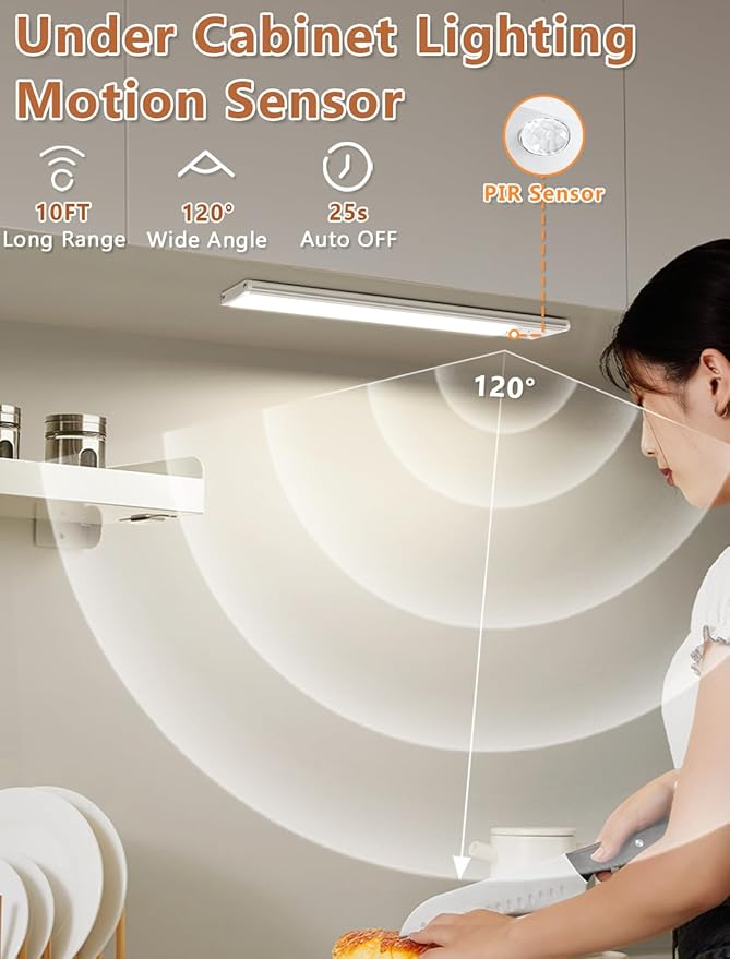 Under Cabinet Rechargeable Lighting: Motion Sensor Dimmable Lights Indoor - Battery Operated Lights - Wireless Activated Closet Light Magnetic Led Light for Kitchen Home Bathroom Counter Shelf
