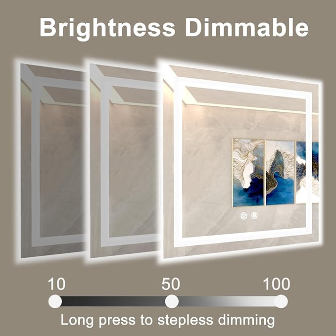 36 X 36 Inch Square LED Bathroom Vanity Mirror, 3 Colors Light Dimmable, Wall Mounted Memory Lighted Makeup Mirror with Anti-Fog Touch Switch (Front-lit&Backlit)