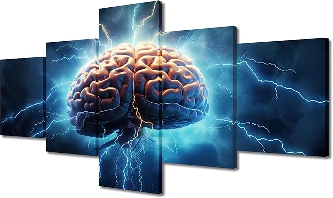 Brain Power Lightning Modern Wall Smart Brain Pictures Brainstorming Concept Contemporary Artwork Print On Canvas Bedroom Wall Art for Living Room Framed Ready to Hang, (50"Wx24"H)