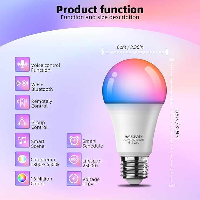 Smart Light Bulbs 6Pack with Remote, Color Changing Light Bulbs Work w/Alexa Google Home, 9W A19 E26 800LM Colored LED Bulb, 2.4GHz Only, 50+ DIY Scenes, App & Voice Control WiFi Light Bulbs