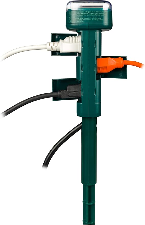 myTouchSmart Digital Outdoor Power Stake Timer, Dusk to Dawn Sensor, 6 Grounded Outlets, 2 Custom On/Off Times, 19in Cord, Weather Resistant Timer for Outdoor Lights, Green, 74516