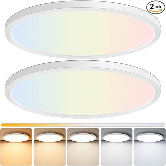 Brightever 15 Inch Large Flush Mount Ceiling Light Fixtures, 3800LM 300W Equivalent, 2700K-6500K Selectable, 0.67 Inch Extremely Thin 30W Modern Dimmable Flat LED Ceiling Lights for Bathroom, 2 Packs