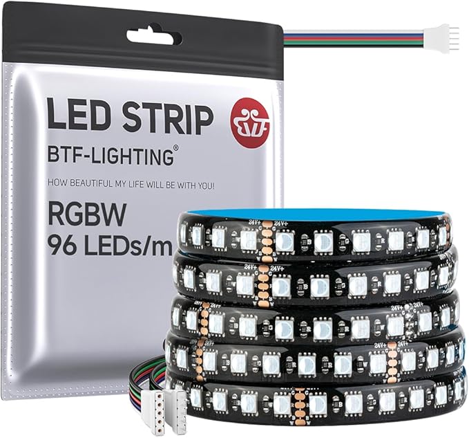 BTF-LIGHTING 5050 RGBW RGB+Cool White(6000K-7000K) 4 Colors in 1 LED 5m 16.4ft 96LED/m DC24V Multi-Colored LED Tape Lights IP65 Waterproof Black 12mm PCB for Home Decoration(No Adapter or Controller)