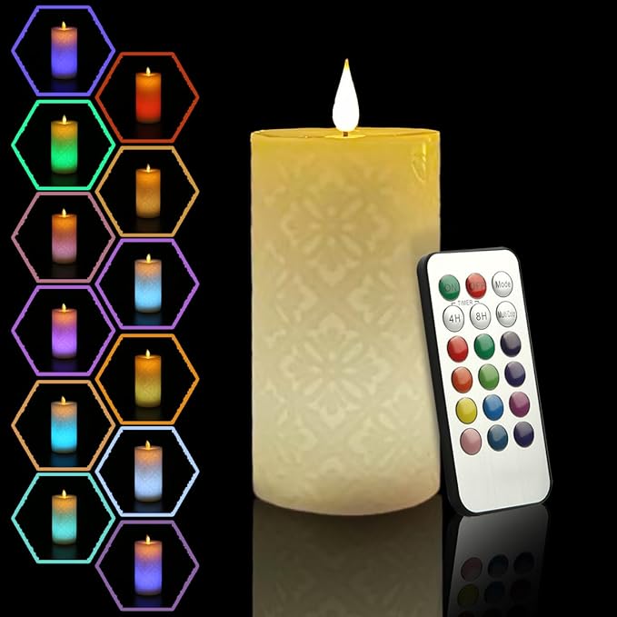 NICEME LED Color Changing Candle with Remote Timer 6” Electric Multi Colored Flameless Candle Battery Operated Round Ivory Flickering Pillar Votive Candle for Halloween Christmas Wedding Party Decor
