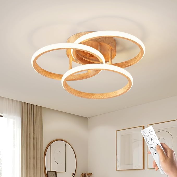 Dimmable LED Semi Flush Mount Ceiling Light Fixture with Remote Control 3-Color Dimming Circle Modern Light, Close to Ceiling Bedroom Kitchen Hallways Balcony Corridor Lamp (15in- 3 ring LightWood)