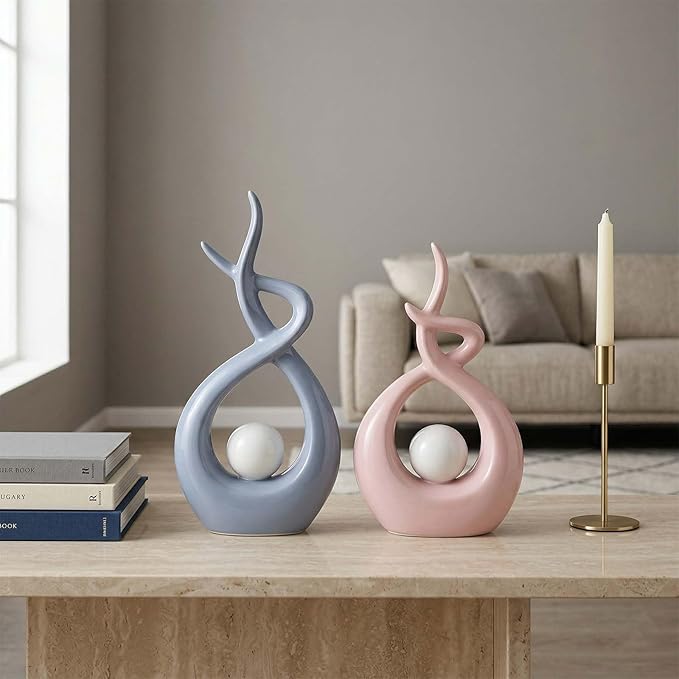 Pink White Modern Sculpture Table Decorations, Ceramic Knick Knacks Statues for Living Room Decor, Tv Stand and Desk Decor, Suitable for Coffee Tables and Shelf Decorations, Great Gift Idea