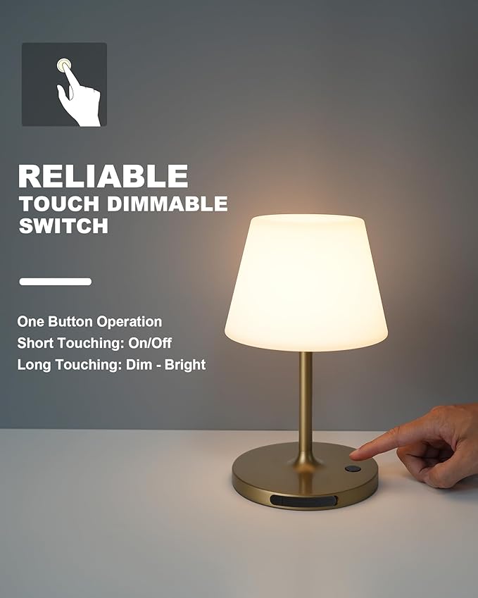 Outdoor Battery Operated Table Lamp Waterproof, 4000mAh Cordless Table Lamp Rechargeable, Touch Dimmable Desk Lamp, LED Night Light for Patio Camping Restaurant Home (Gold, 9.6in)