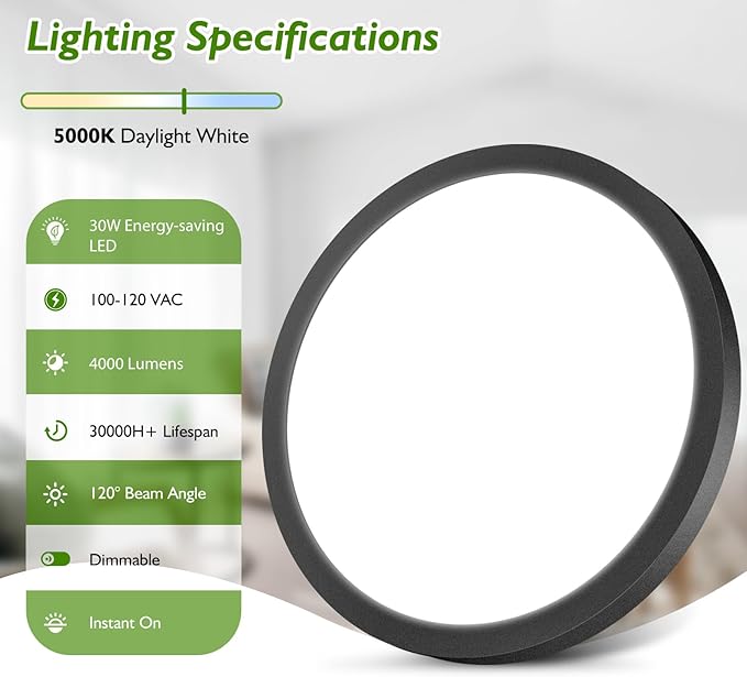 1Pack LED Flush Mount Ceiling Light Fixture, 15Inch 30W 4000Lm, Dimmable Modern Recessed Ceiling Lamp, 5000K Daylight White Round Low Profile Ceiling Light for Kitchen Closet Bedroom Hallway, Black