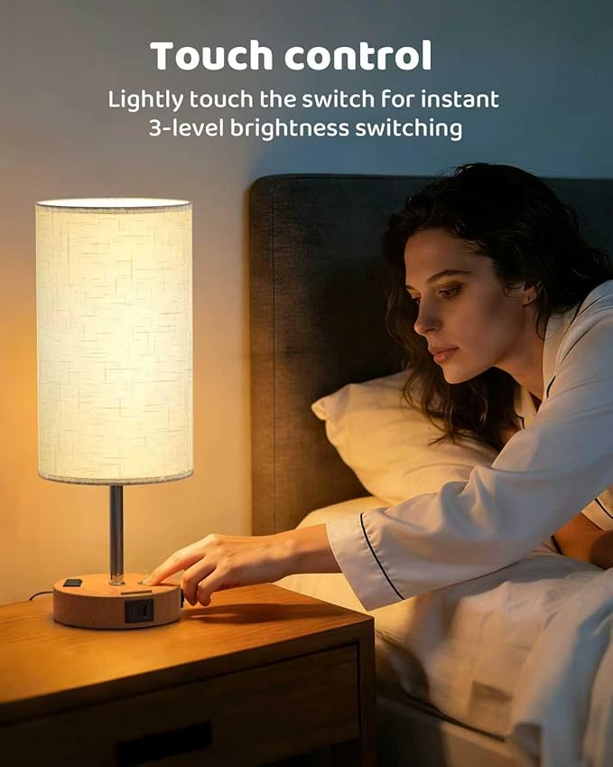 2026 Latest Bedside Table Lamp for Bedroom, 3 Way Dimmable Touch Lamp with Retractable Cable, USB-C & USB A Ports and AC Outlet, Phone Stand, Flaxen Fabric Shade for Nightstand Desk, LED Bulb Included