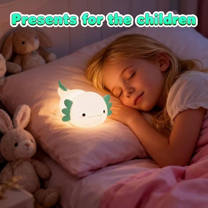 Cute Axolotl Night Light for Kids Bedroom, Animal Silicone Nursery Night Lamp Touch Control Nightlights USB Rechargeable Bedside Lamp for Baby Children Toddlers Girls Gift (Green Axolotl)