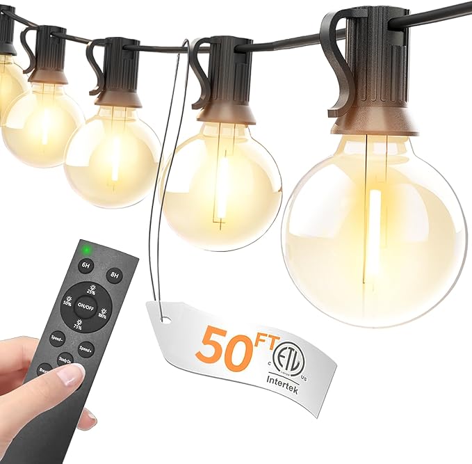 Outdoor String Lights with Remote 50FT - Dimmable Patio Lights with Waterproof G40 LED Globe Bulbs, Connectable Shatterproof Hanging Lighting for Outside Bistro Garden Backyard Deck Decor