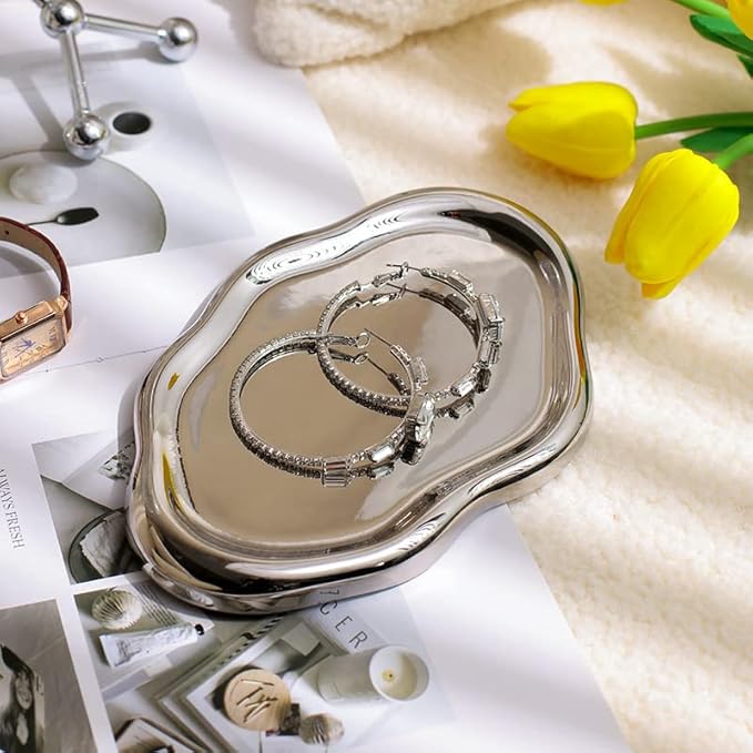 Jewelry Dish Tray, Ring Dish, Ceramic Trinket Small Key Mother's Day, Christmas, Thanksgiving, Birthday Gift for Mother Daughter Friends Silver