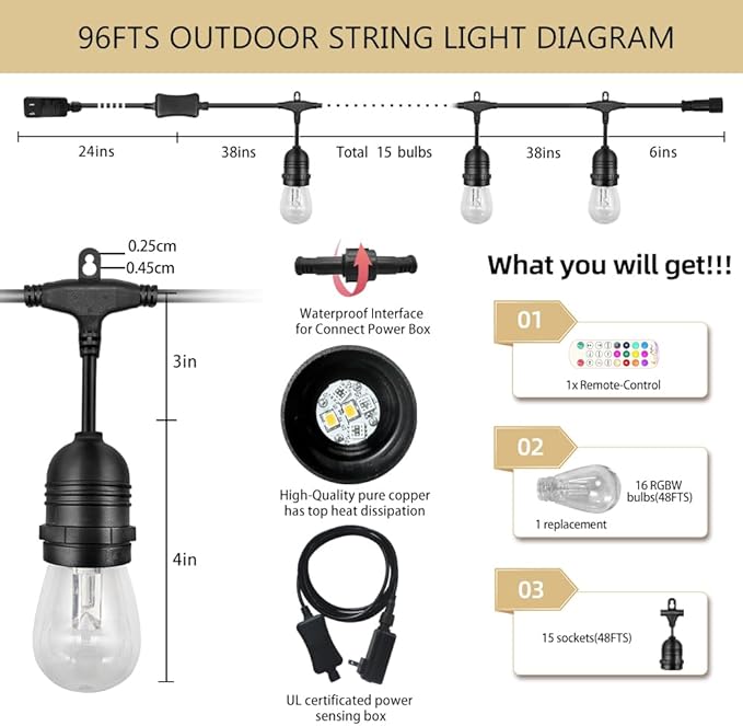 GANA Outdoor String Lights, Patio Lights 96FT Music Flash RGBW Colourful, Safe 12V Low Voltage LED Shatterproof Bulbs Connectable, Heavy Duty Wire IP65 Waterproof Level, for Courtyards Bistro