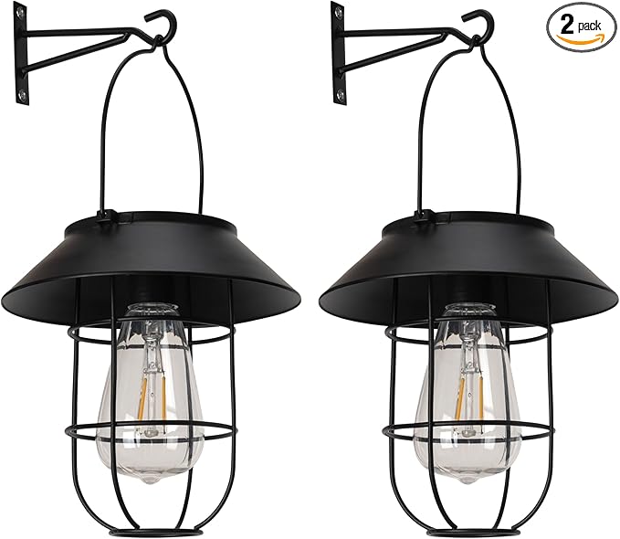 Livinlarge Solar Lanterns Outdoor Waterproof,Hanging Solar Lights for Outside with Wall Hooks Windproof Hook,Retro Metal Outdoor Lanterns Auto On/Off for Porch,Patio,Garden,Yard Decor 2 Pack（Black）