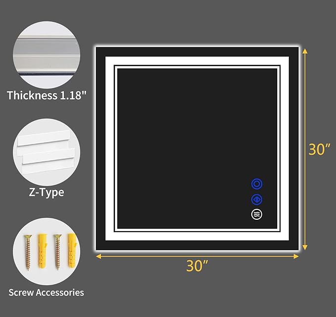 30"x30" LED Bathroom Mirror with Anti-Fog, Stepless Dimmable Lights, 3 Color Modes, Shatter-Proof Tempered Glass,Waterproof Design