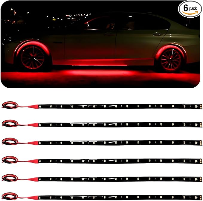 6 PCS 15 LED Strip Underbody Light, DC 12V 1Ft Flexible Underglow Car LED Light Strip with 6 Inch Wire, Waterproof LED Interior Exterior Decoration for Car Truck Motorcycle (Red)