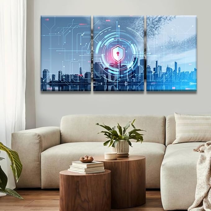 LSIUHWUWI 3 Panel Wall Art Internet Security and Global Protection Poster on Canvas,for Home Office Decoration,Digital Cybersecurity Concept Artwork Stretched Framed Ready to Hang, 16x24inchx3