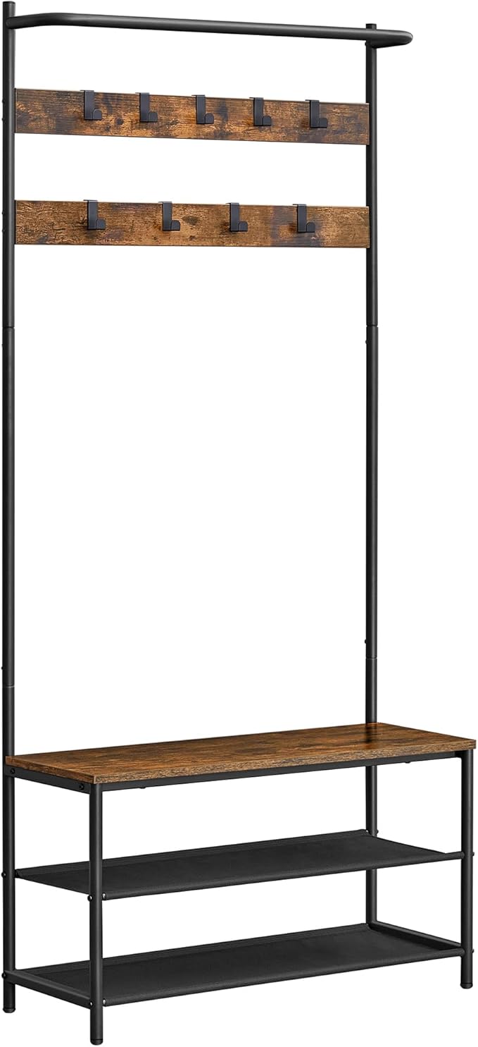 VASAGLE Hall Tree with Bench and Shoe Storage, Entryway Bench with Coat Rack Stand and Shoe Rack, 9 Movable Hooks, Top Bar, Fabric Shelves, Industrial, Rustic Brown and Black UHSR421B01
