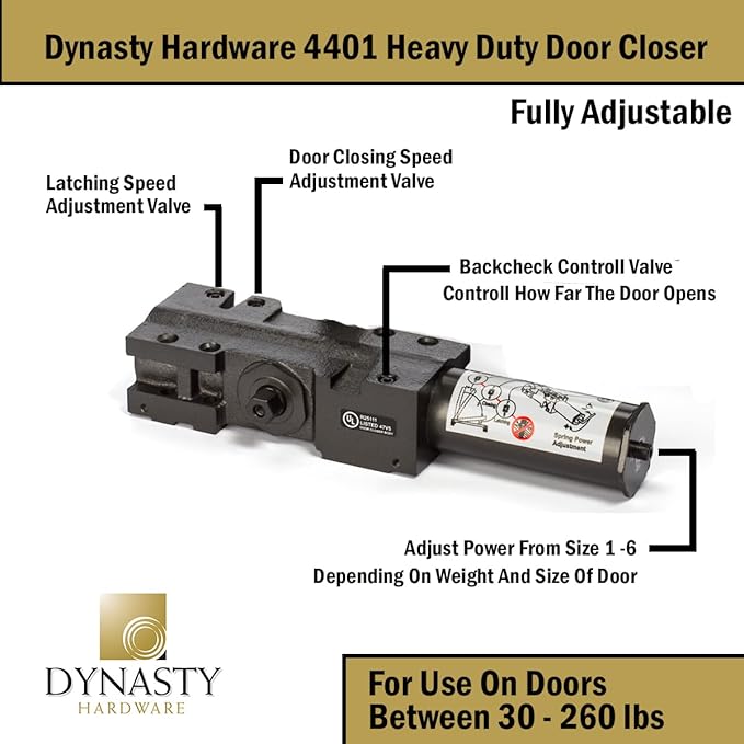 Dynasty Hardware Door Closer, Grade 1 Heavy Duty Commercial Hydraulic Closer, Self-Closing, Adjustable Spring Size 1-6, ADA Compliant, Surface Mount, Sprayed Duronotic Bronze, Series 4401