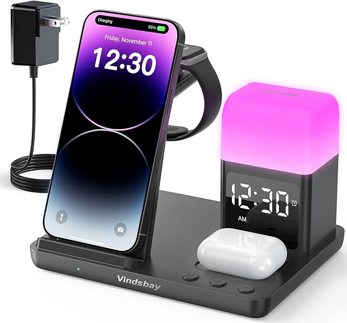 Wireless Charging Station Alarm Clock with 8 Touch Night Lights: 5 in 1 Charger Stand for Apple Devices - Charging Dock for iPhone 17 16 15 14 13 12 Pro Max Plus/Apple Watch/AirPods, Dimmable