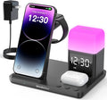 Wireless Charging Station Alarm Clock with 8 Touch Night Lights: 5 in 1 Charger Stand for Apple Devices - Charging Dock for iPhone 17 16 15 14 13 12 Pro Max Plus/Apple Watch/AirPods, Dimmable