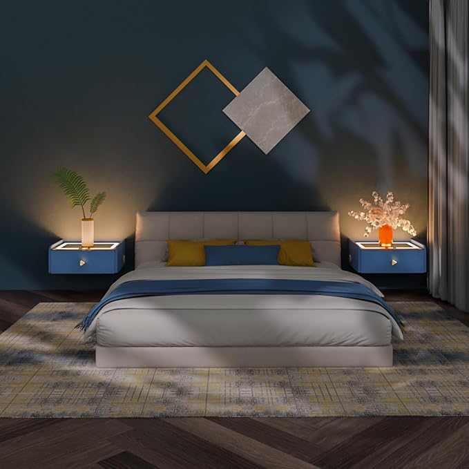 HOMEMORE Floating Nightstand with Charging Station Bedside Table LED Smart Bedside Table Wall Mounted Nightstand Blue