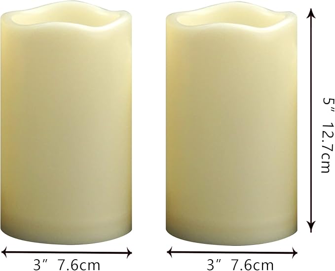 Outdoor Battery Operated Flameless Candles with Timer, Realistic Flickering Plastic Fake Electric LED Pillar Lights Waved Edge for Home Garden Wedding Party Christmas Decor 3x5 Inches 2-Pack