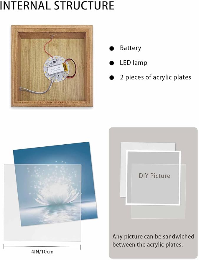 Wood Night Light Box 4.5x4.5in,Meditation Lotus Flower Table Lights Wooden Picture Frame with USB Rechargeable Touch LED Lights for Home Decor Desktop Display,Asian Zen Spiritual