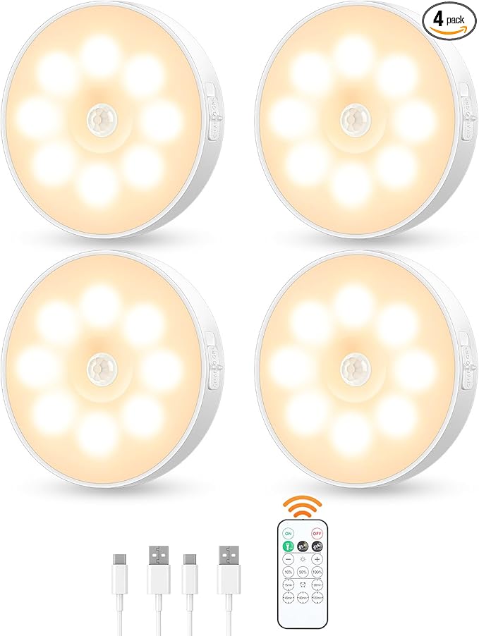 Motion Sensor Puck Light with Remote, Wireless Dimmable Under Cabinet Lighting, Rechargeable Magnetic Closet Night Light, 4-Pack, Warm White