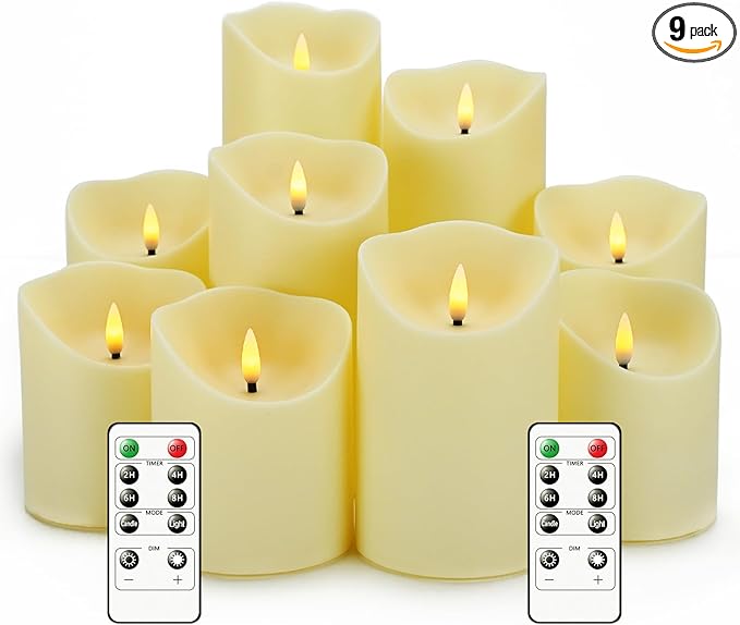 Flameless Candles with Remote, Battery Operated Flickering Flameless Candles, LED Candles with Timer 2/4/6/8H, with Realistic LED Candles Set of 9 (D3 x H 3" 4" 5" 6" 7") (Ivory)