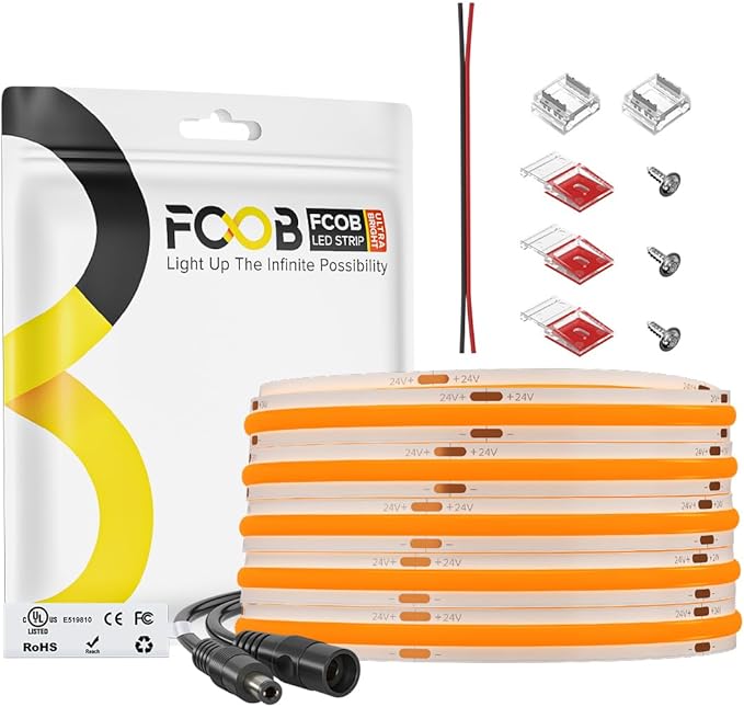 COB Orange LED Strip Light DC24V Flexible High Density Uniform Bright 480LEDs/m Strips 16.4FT CRI90+ 8MM Width Dimmable COB LED Tape for Cabinet Indoor Decor(No Adapter/Controller)