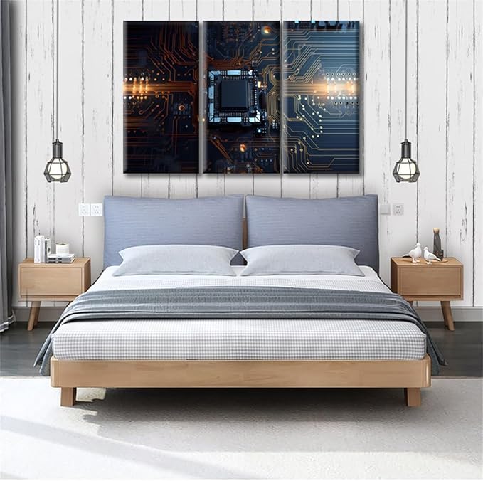 Wall Decor Motherboard Digital Chip Canvas Wall Art CPU Concept Modern Artwork for Office Chip Picture Print on Canvas Framed Ready to Hang for Living Bedroom Home (42"Wx28"H)