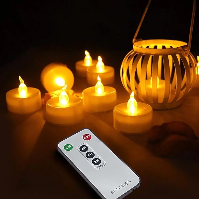 Tea Lights Candles Battery Operated with Remote Control, 12Pcs Flickering Flameless Candle with Timer, Long Lasting 400+Hours Led Electric Candle for Home Decor, Wedding, Party (WarmYellow)