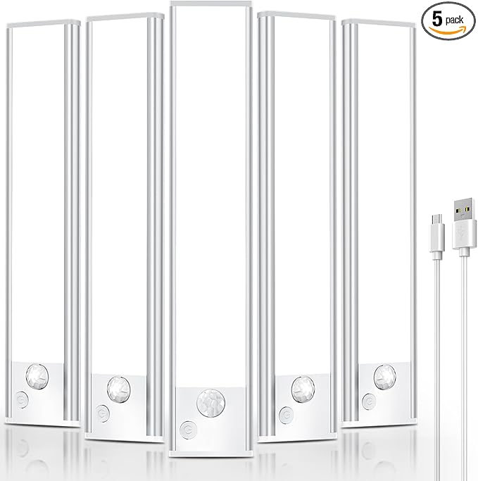 Under Cabinet Rechargeable Lighting: 8 Inch Motion Sensor Dimmable Lights Indoor - Battery Operated Lights - Wireless Closet Light Magnetic Led Light for Kitchen Home Bathroom Counter 5 Pack