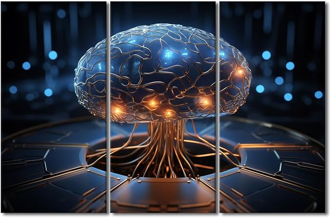 3 Pieces Robot Brain Canvas Wall Art Artificial Intelligence Pictures Print On Canvas for Wall Decoration, Modern Wall Artwork Wooden Framed Gallery-Wrapped Ready to Hang, 42" Wx28 H